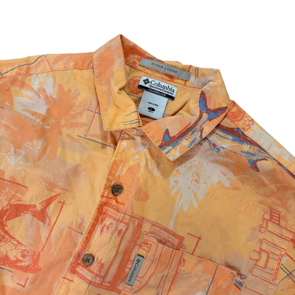 COLUMBIA River‎ Lodge Shirt Mens Large Orange Fishing Hawaiian 100% Cotton